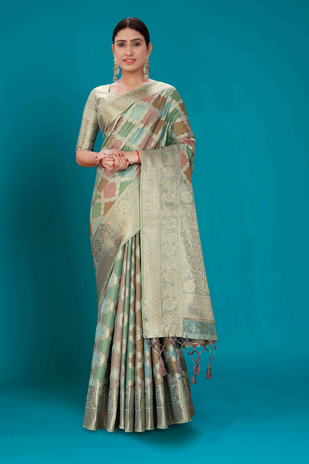 Sky Blue Soft Organza Woven Design Saree with Unstitched Blouse Piece - Zaara | Grocsy