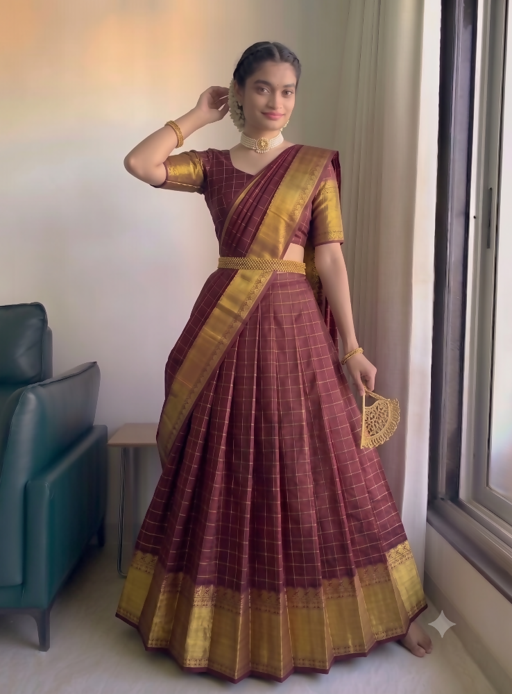 Teeya Creation Classic Maroon Checkered Silk Lehenga Choli with Heavy Zari Border | Grocsy