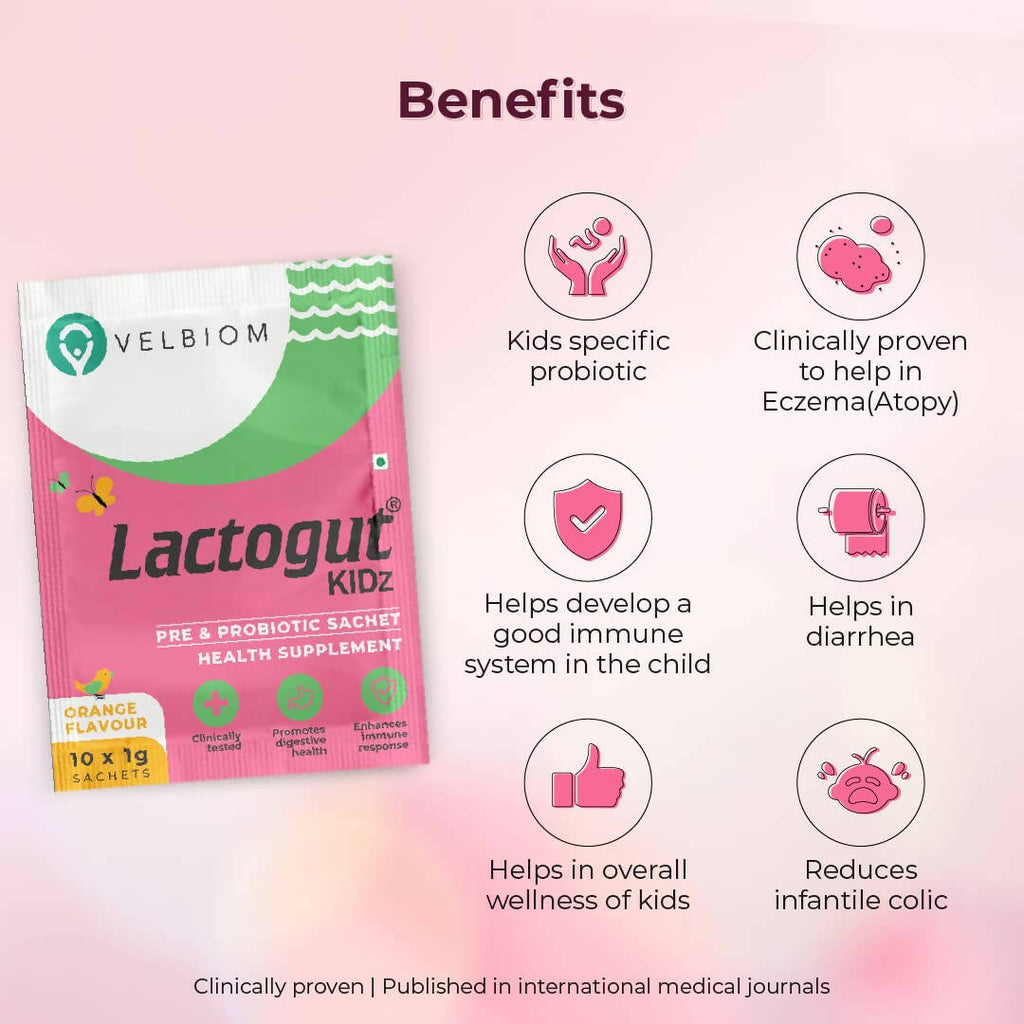 Velbiom Lactogut Kidz Probiotics Powder Sachets - Orange Flavor | Grocsy