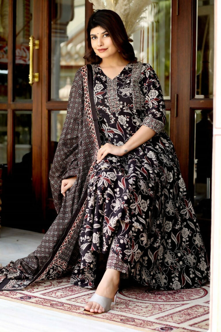 Miravan Women's Embroidered Multi Colour Anarkali Kurta With Palazzo And Dupatta | Grocsy