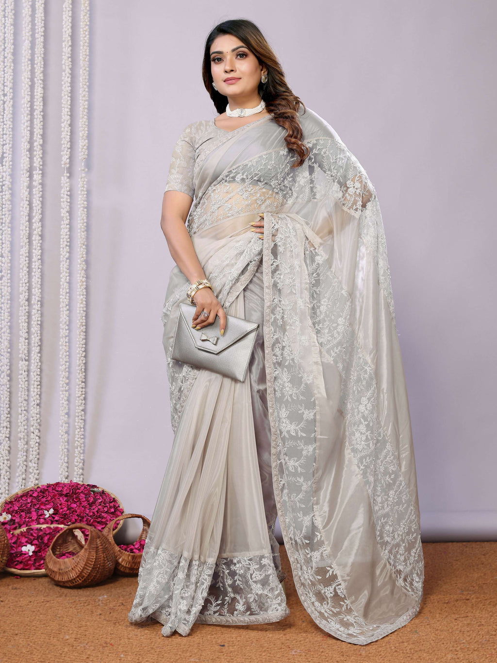 Grey Glass Tissue,Net Embroidered Saree With Stitched Blouse - Nimaya Kaksha | Grocsy