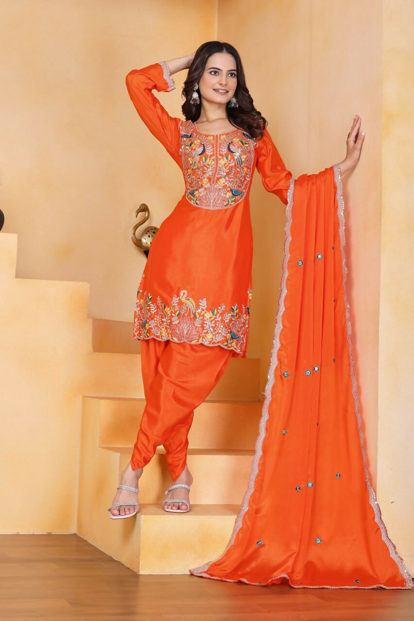Teeya Creation Orange Color Chinon Silk Party Wear Punjabi Dhoti Suit | Grocsy