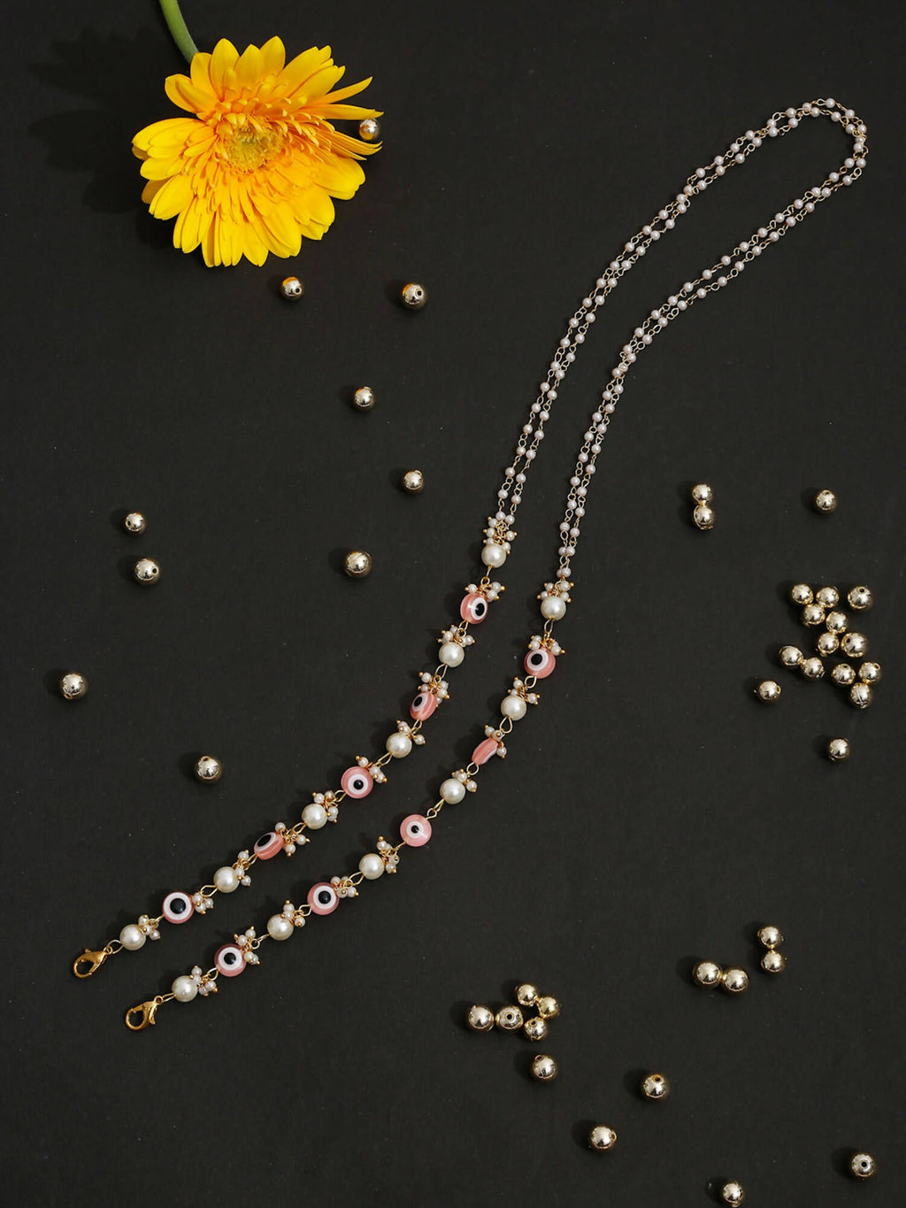 Pink Gold-Toned Evil Eye Beaded Mask Chain - Ruby Raang | Grocsy