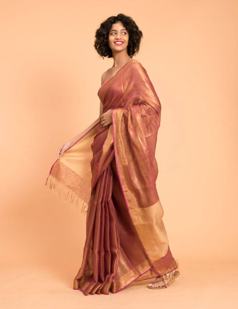 Suta Pink Golden Solid Zari Pure Linen Saree | Grocsy