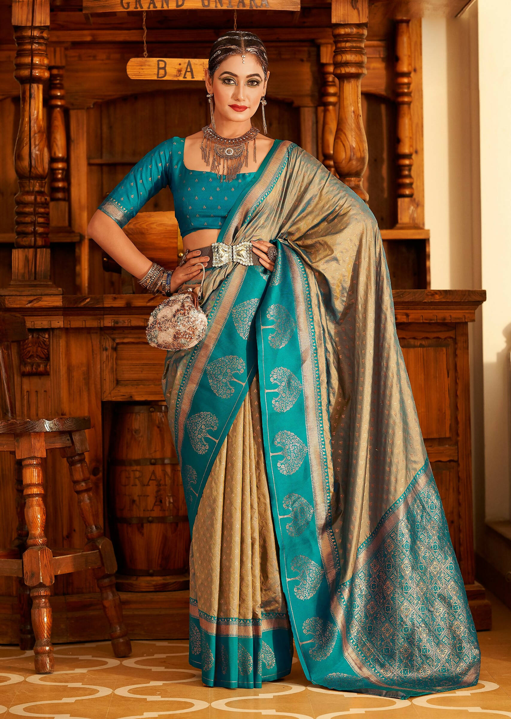 Beige Soft Banarasi Paithani Copper Zari Weaving Saree With Unstitched Blouse Piece - Jodha | Grocsy