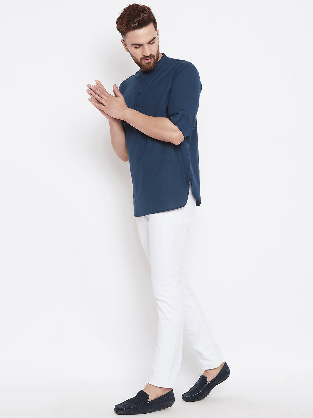 Even Apparels Blue Color Men's Pure Cotton Kurta With Band Collar | Grocsy