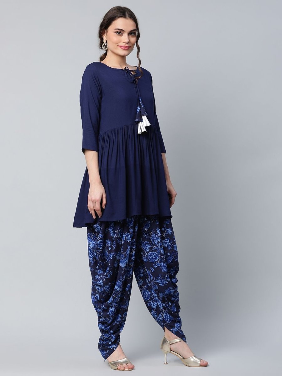 Ahalyaa Women Navy Blue Rayon Floral Empire Kurti with Dhoti Pants | Grocsy