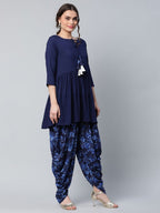 Ahalyaa Women Navy Blue Rayon Floral Empire Kurti with Dhoti Pants | Grocsy