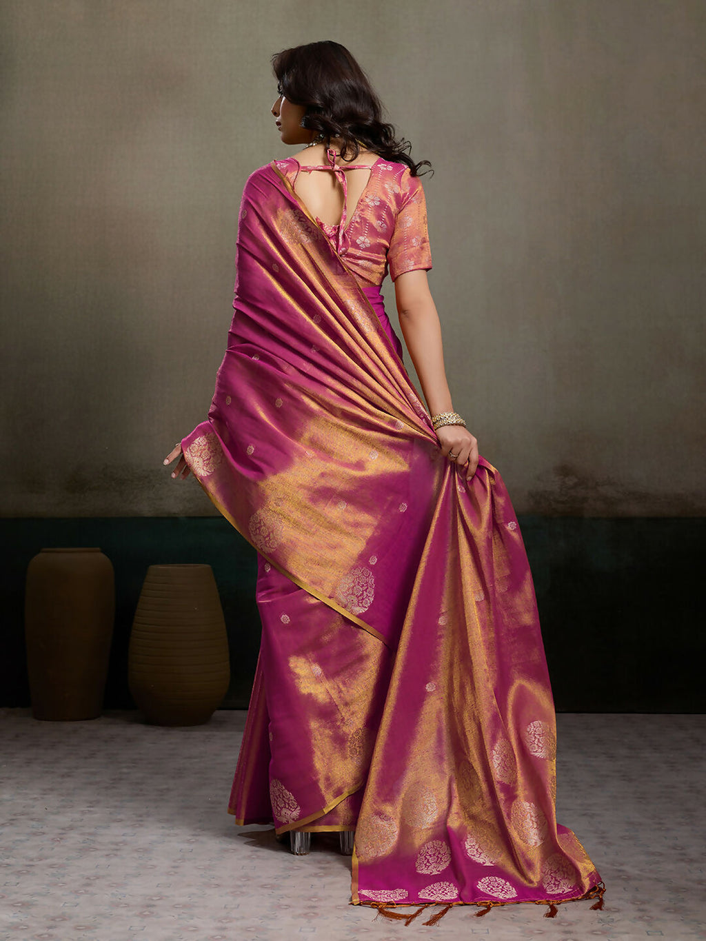 Shree Shyam Fashion Magenta Tissue Silk Saree | Grocsy