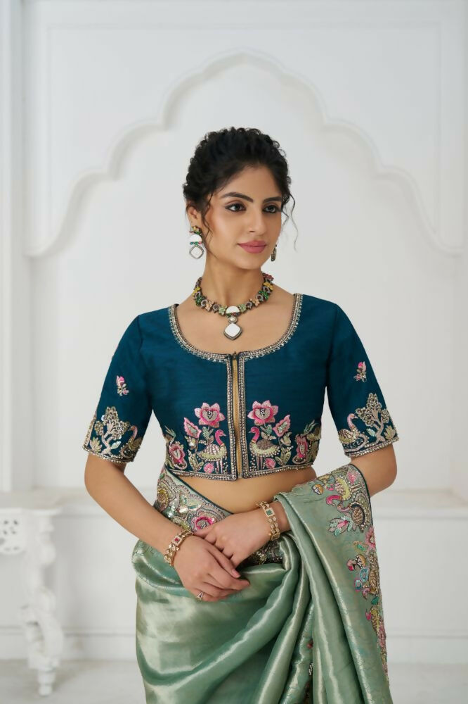 Kesar Fab Trending Reception Green Color With Multi-Thread Embroidery Saree | Grocsy
