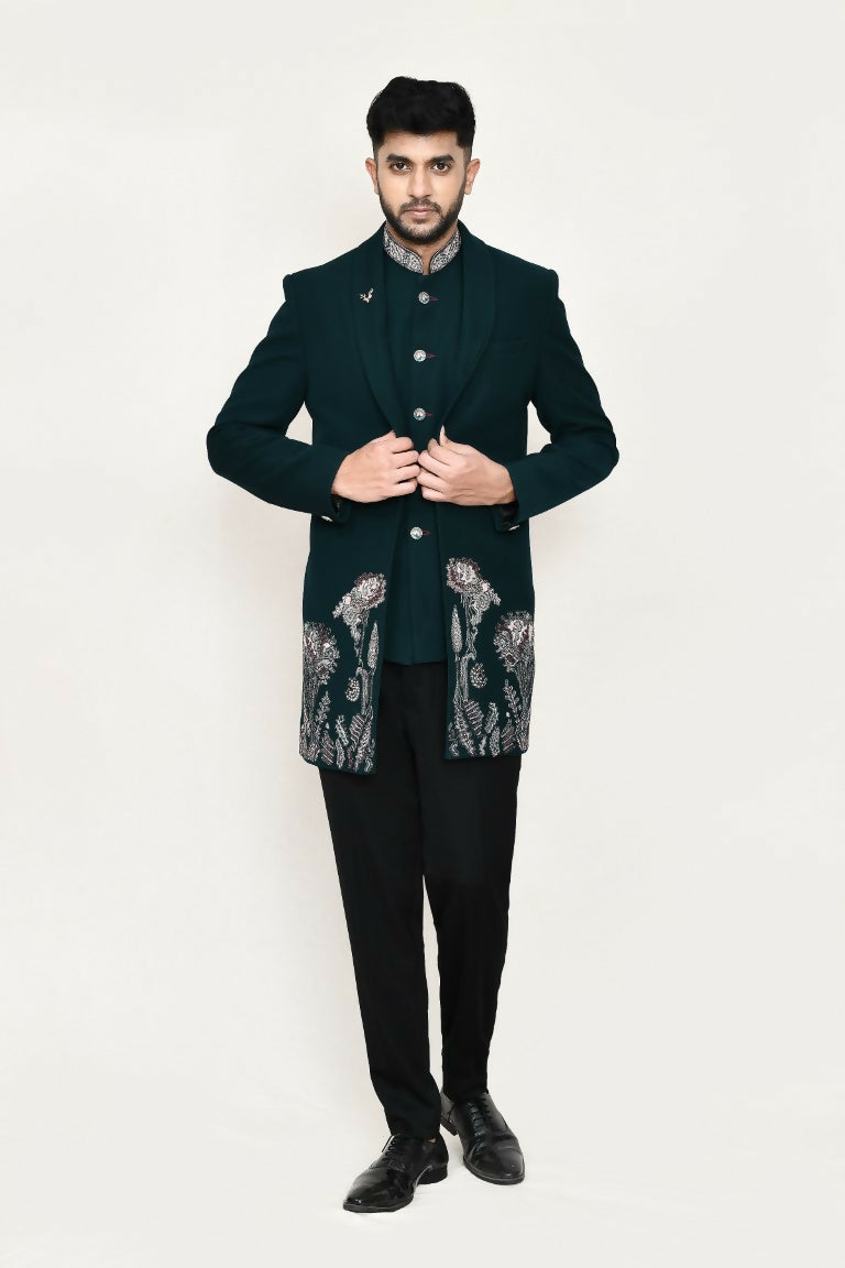Joban Fashion Green Colored Imported Polyester Fabric Open Prince Coat, Jacket With Pant | Grocsy