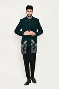 Joban Fashion Green Colored Imported Polyester Fabric Open Prince Coat, Jacket With Pant | Grocsy
