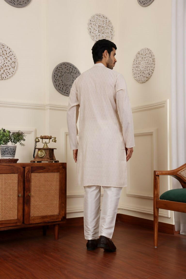 White Modal Silk Woven Designer Men's Rajwadi Kurta Set - Mahotsav | Grocsy