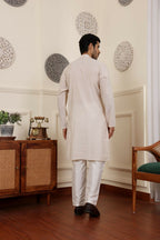 White Modal Silk Woven Designer Men's Rajwadi Kurta Set - Mahotsav | Grocsy