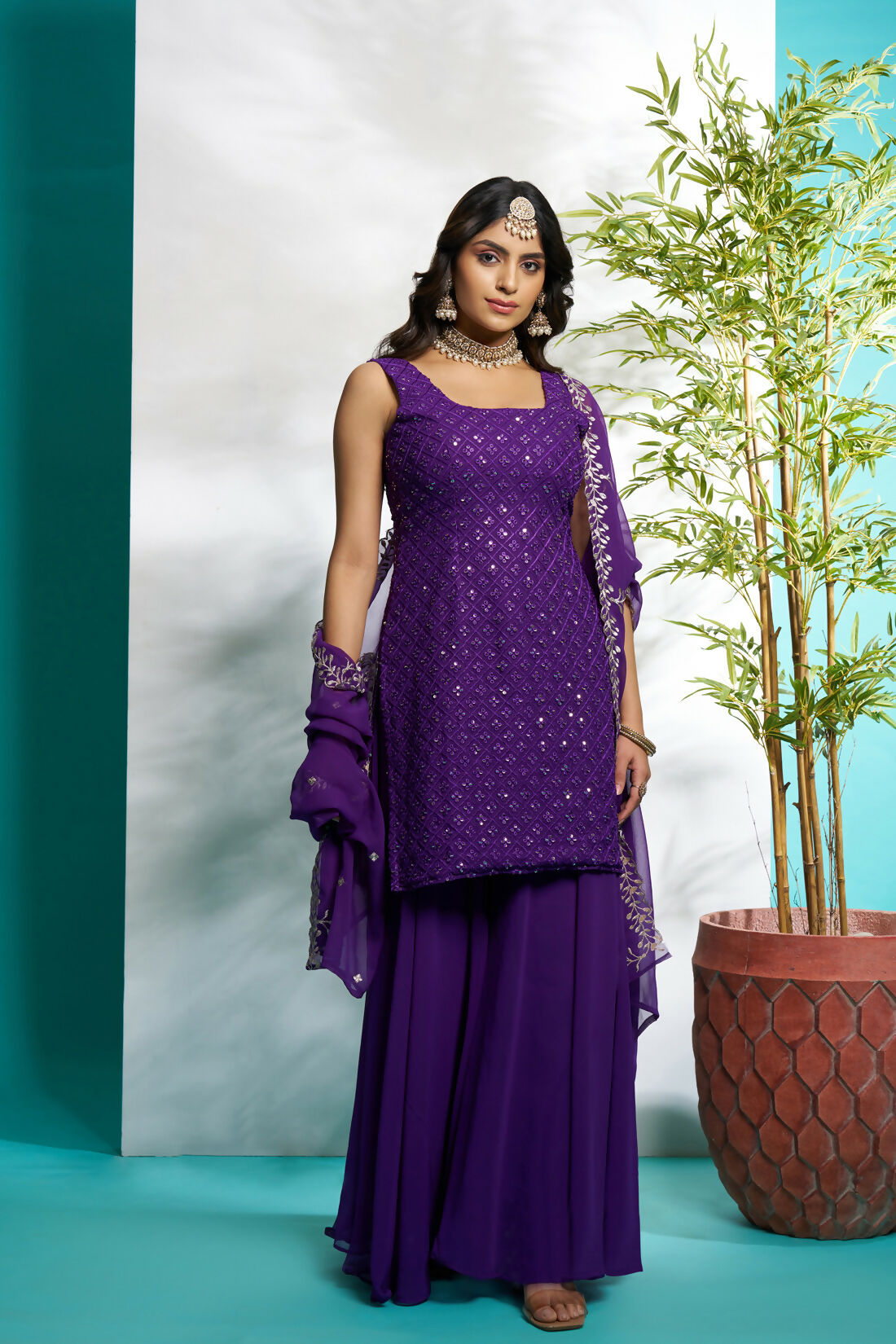 Aayaa Designer Faux Gorgette Embroidery Zari Sequins Thread work Full Flaired plazzo Suit with Dupatta - Purple | Grocsy