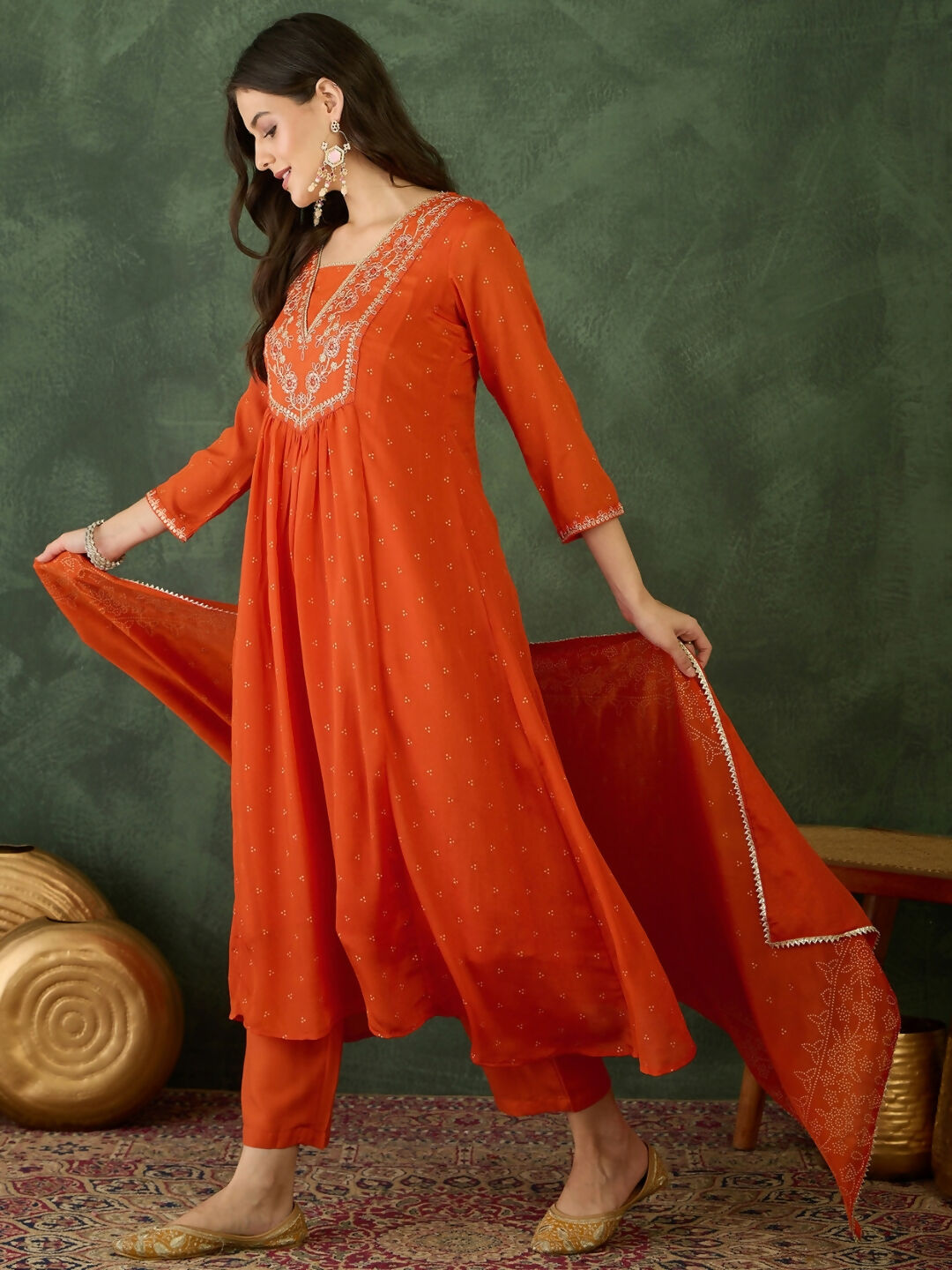 The52 Orange Women's Gorgeous Embroidered Chinon Fabric Flared Kurta Pant and Dupatta Set | Grocsy