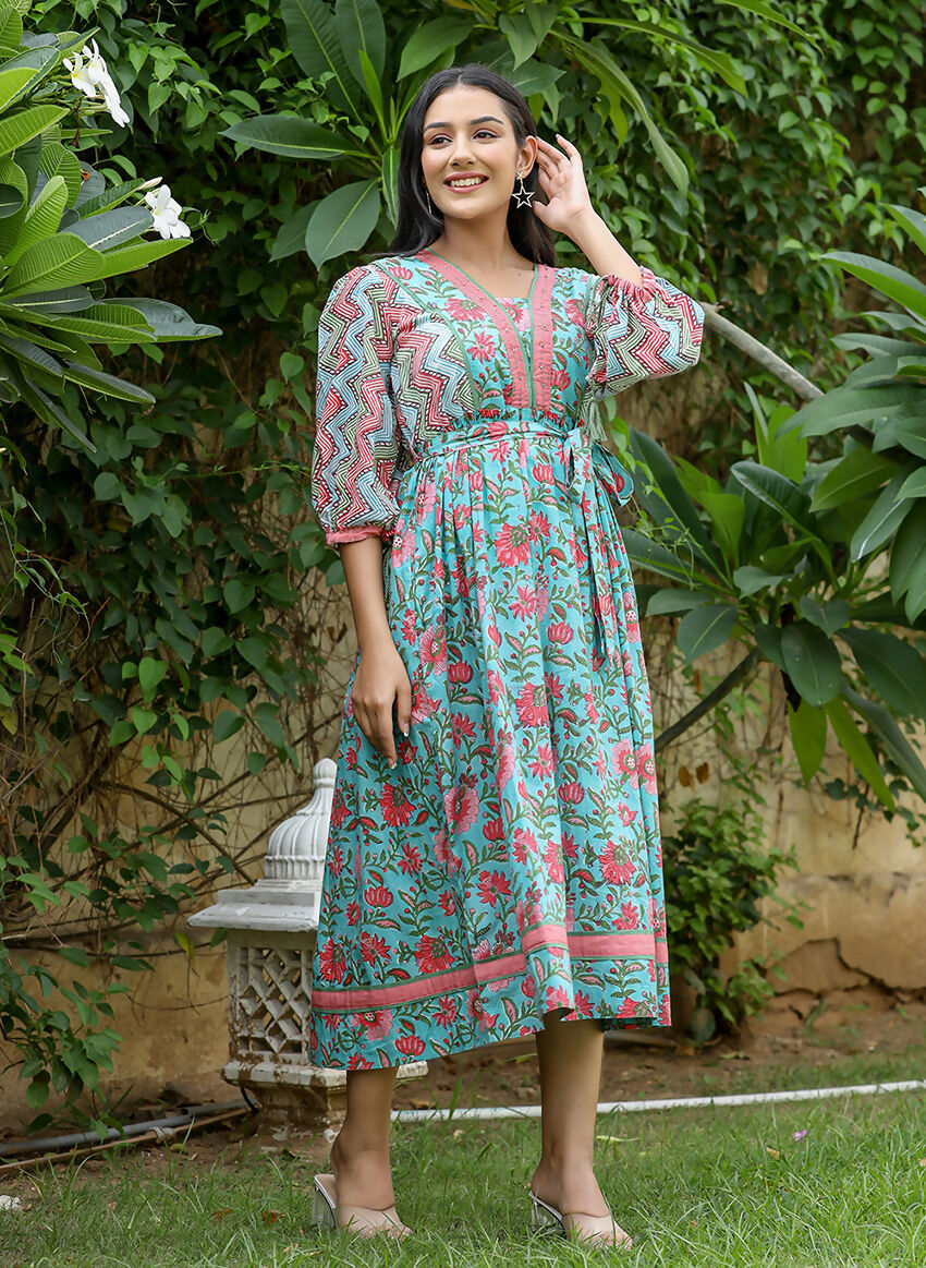 Kaajh Women's Green Hand Block Printed Dress | Grocsy