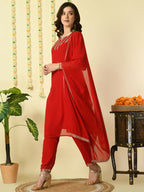Myshka Women's Red Georgette Kurta & Trousers With Dupatta Party Sets | Grocsy