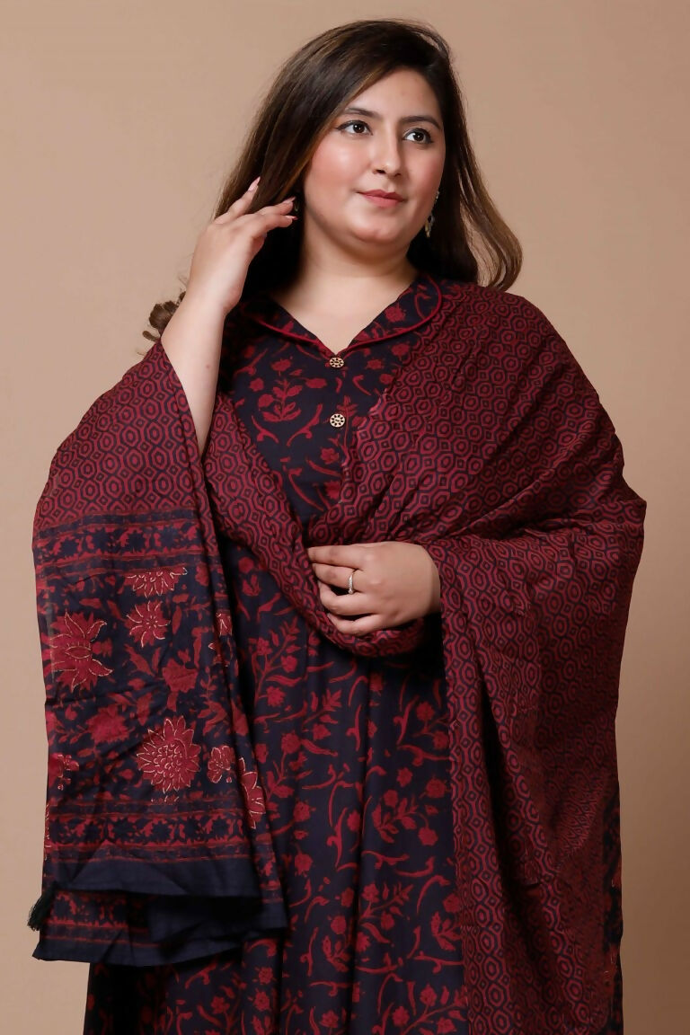 Miravan Women's Plus Size Navy Blue Printed Cotton Anarkali Kurta & Dupatta  | Grocsy