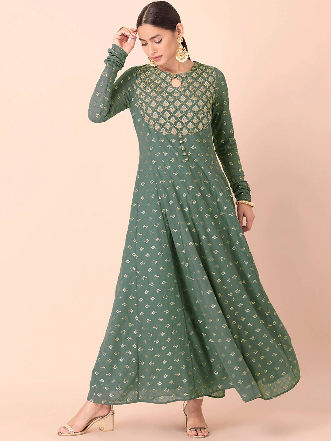 Indya Green & Gold-Toned Ethnic Motifs Printed Georgette Anarkali Kurta | Grocsy