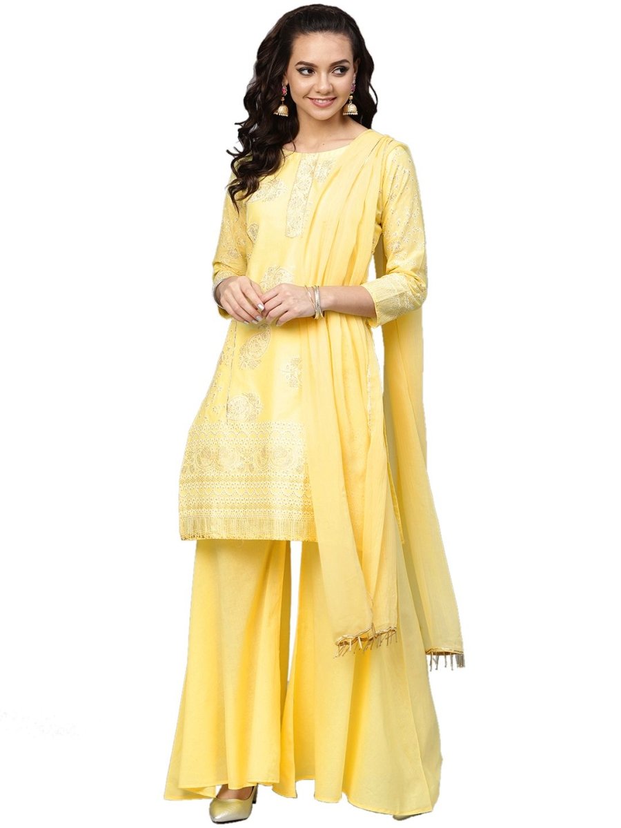 Ahalyaa Women's Cotton Blend Yellow Glitter Print Kurta Sharara Set With Dupatta | Grocsy