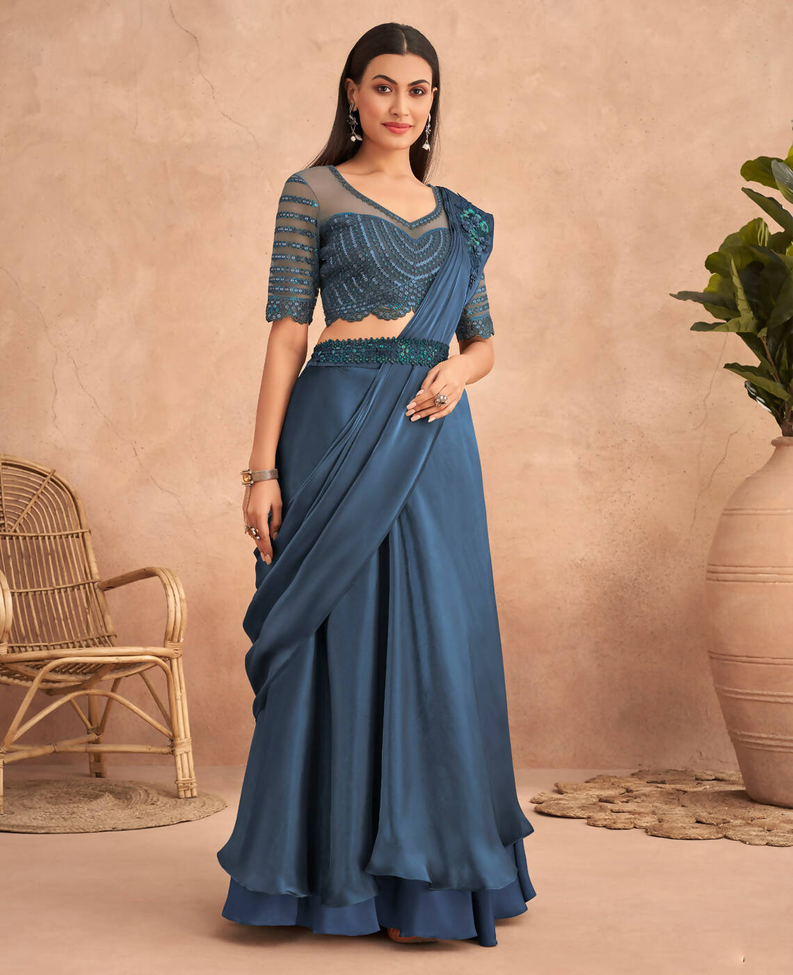 Navy Blue Satin Embroidered Ready To Wear Saree With Unstitched Blouse Piece - Nandika | Grocsy