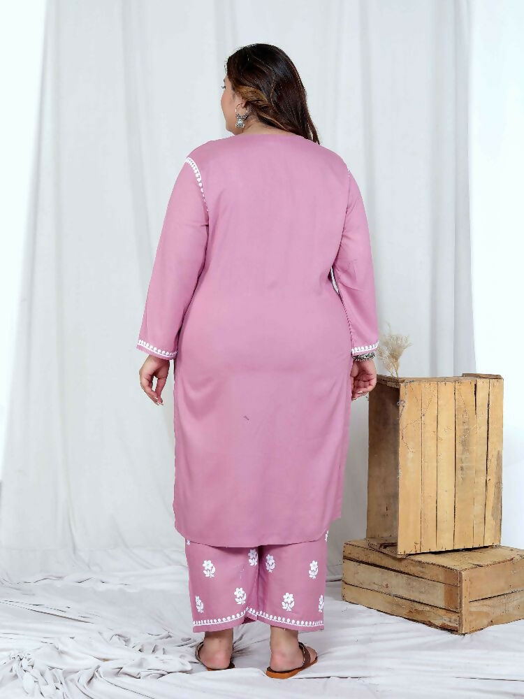 Miravan Womens Plus Size Pink Embroidered Kurta With Palazzo | Grocsy