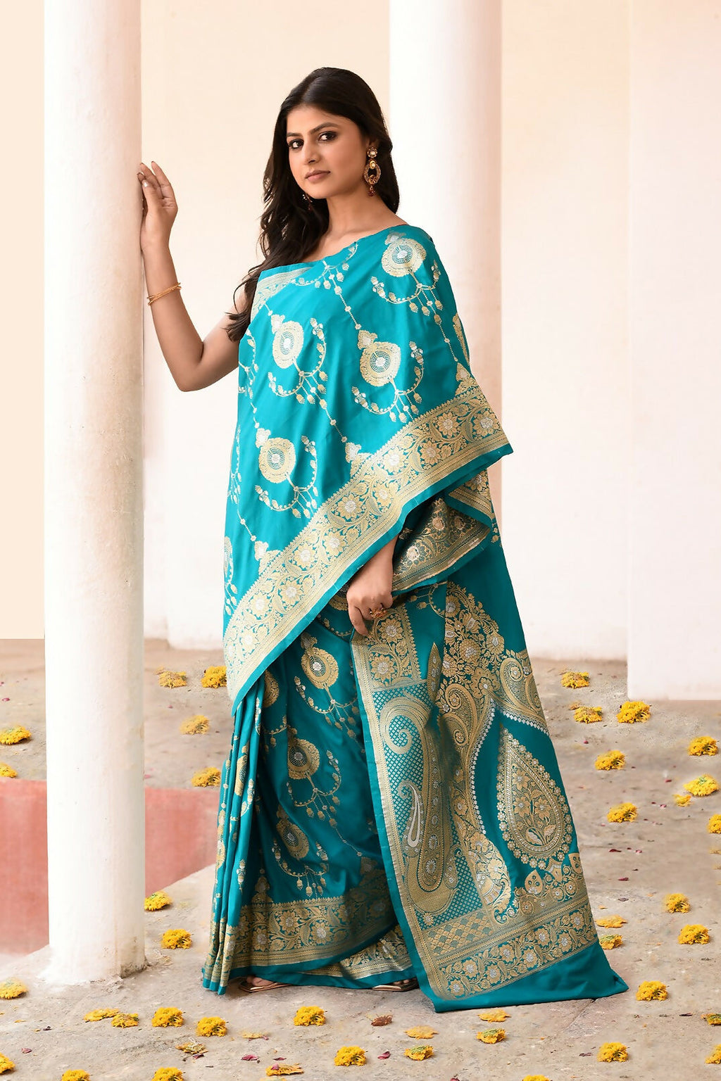 Joban Fashion Teal Green Banarasi Soft Pure Handloom Banarasi Silk Saree | Grocsy