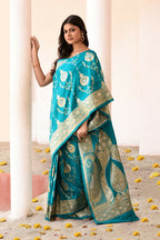 Joban Fashion Teal Green Banarasi Soft Pure Handloom Banarasi Silk Saree | Grocsy