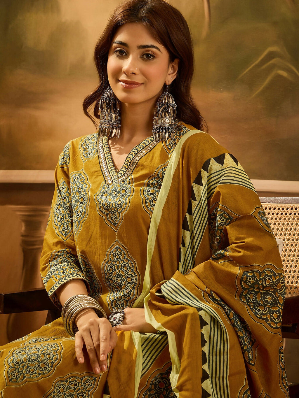 Joban Fashion Printed Mustard Pure Cotton Kurta Set | Grocsy