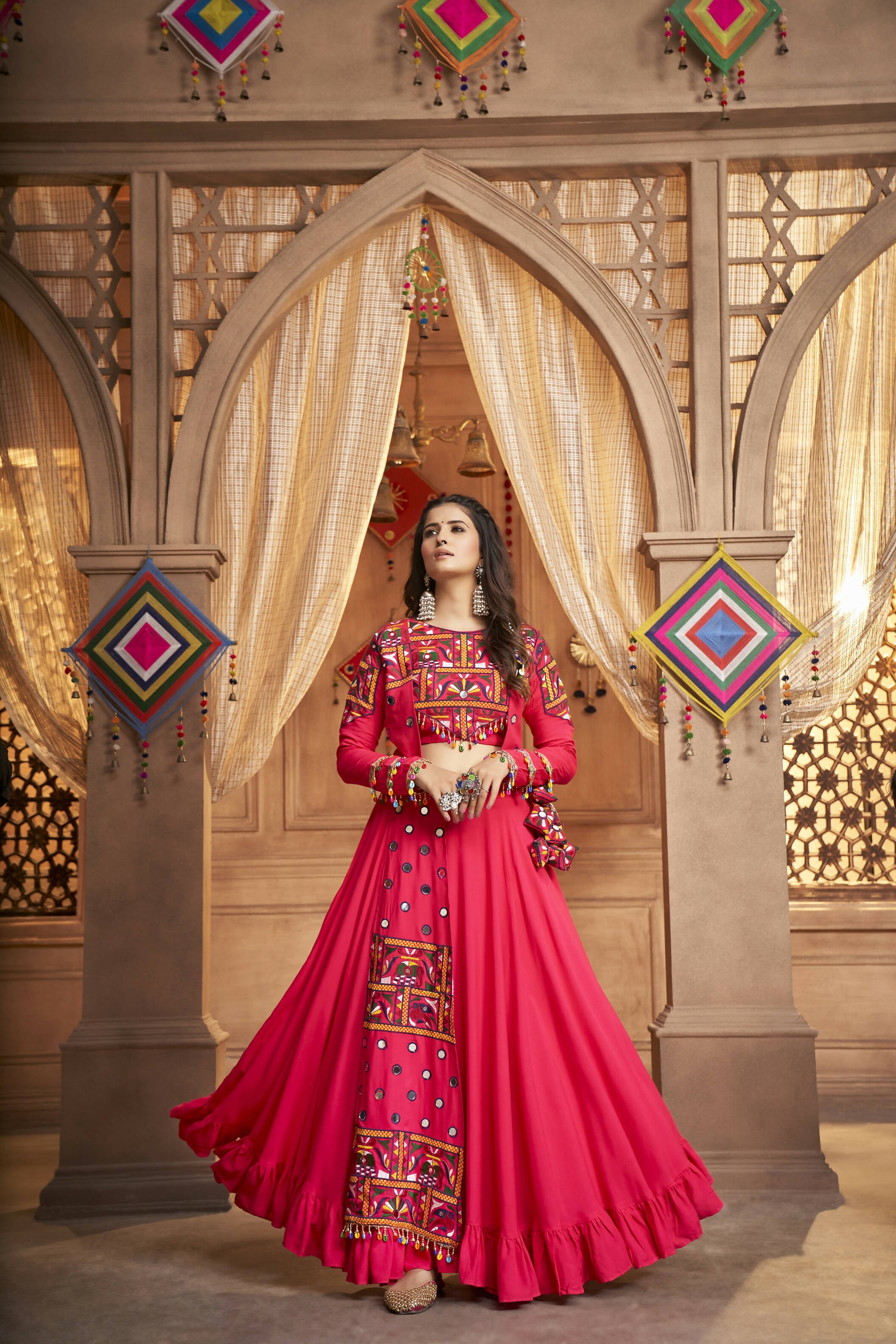 Rani Pink Viscose Rayon Thread Embroidered Work With Mirror All Over Navratri Lehenga Choli With Dupatta - Raas | Grocsy