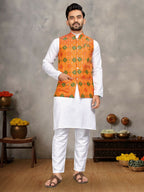 Anaita Orange Cotton Straight Kurta Pajama & Koti With Jequard Work | Grocsy
