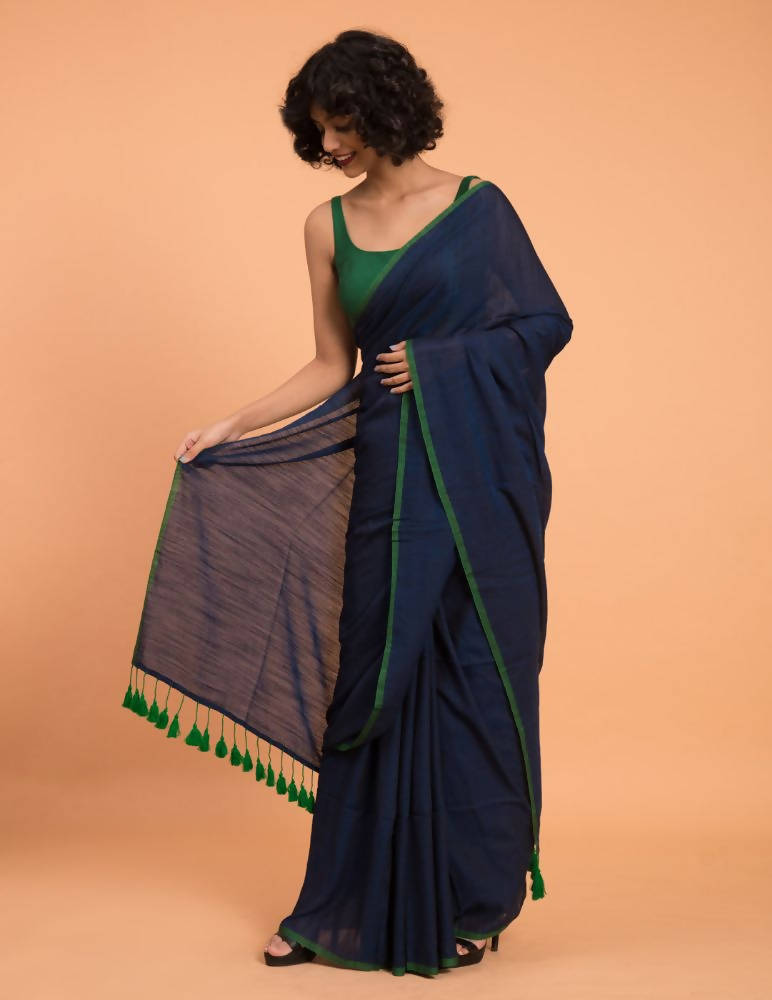 Suta Blue Green Solid Cotton Blend Saree | Grocsy