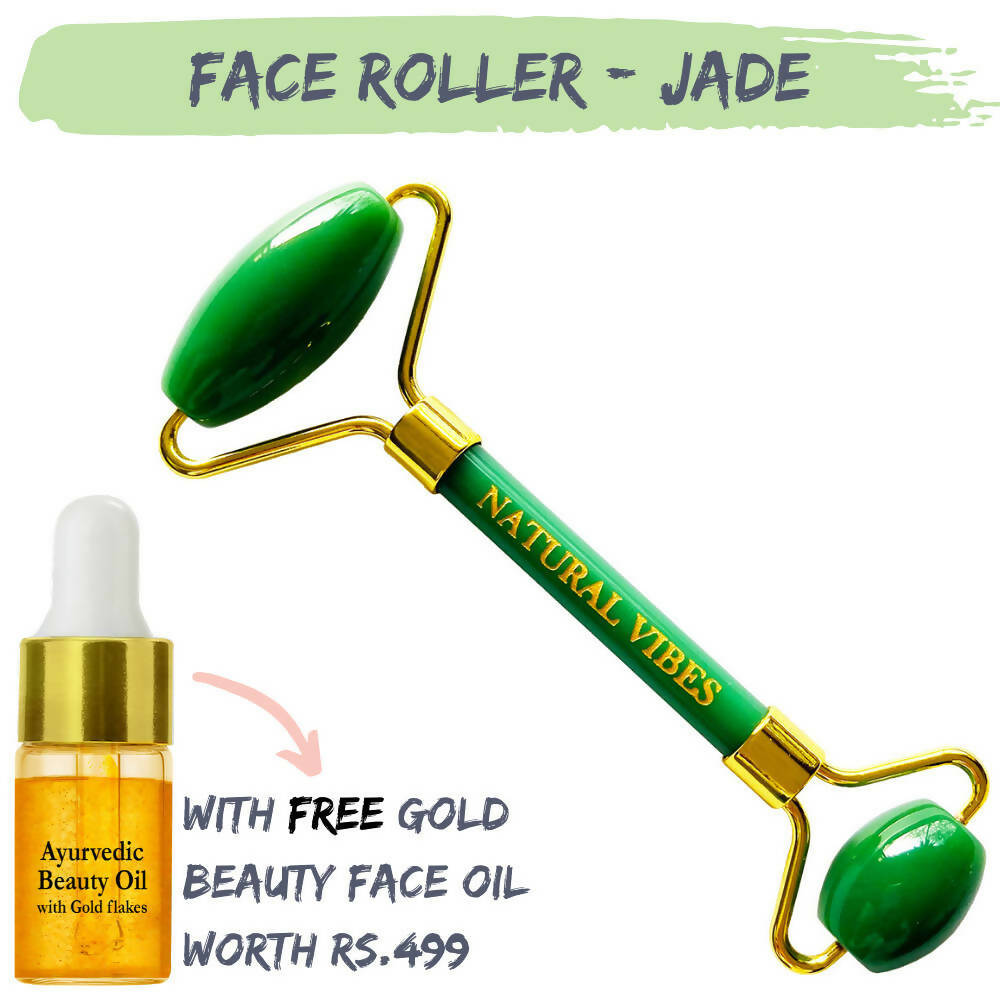 Natural Vibes Jade Roller & Massager with Free Gold Beauty Elixir Oil | Grocsy