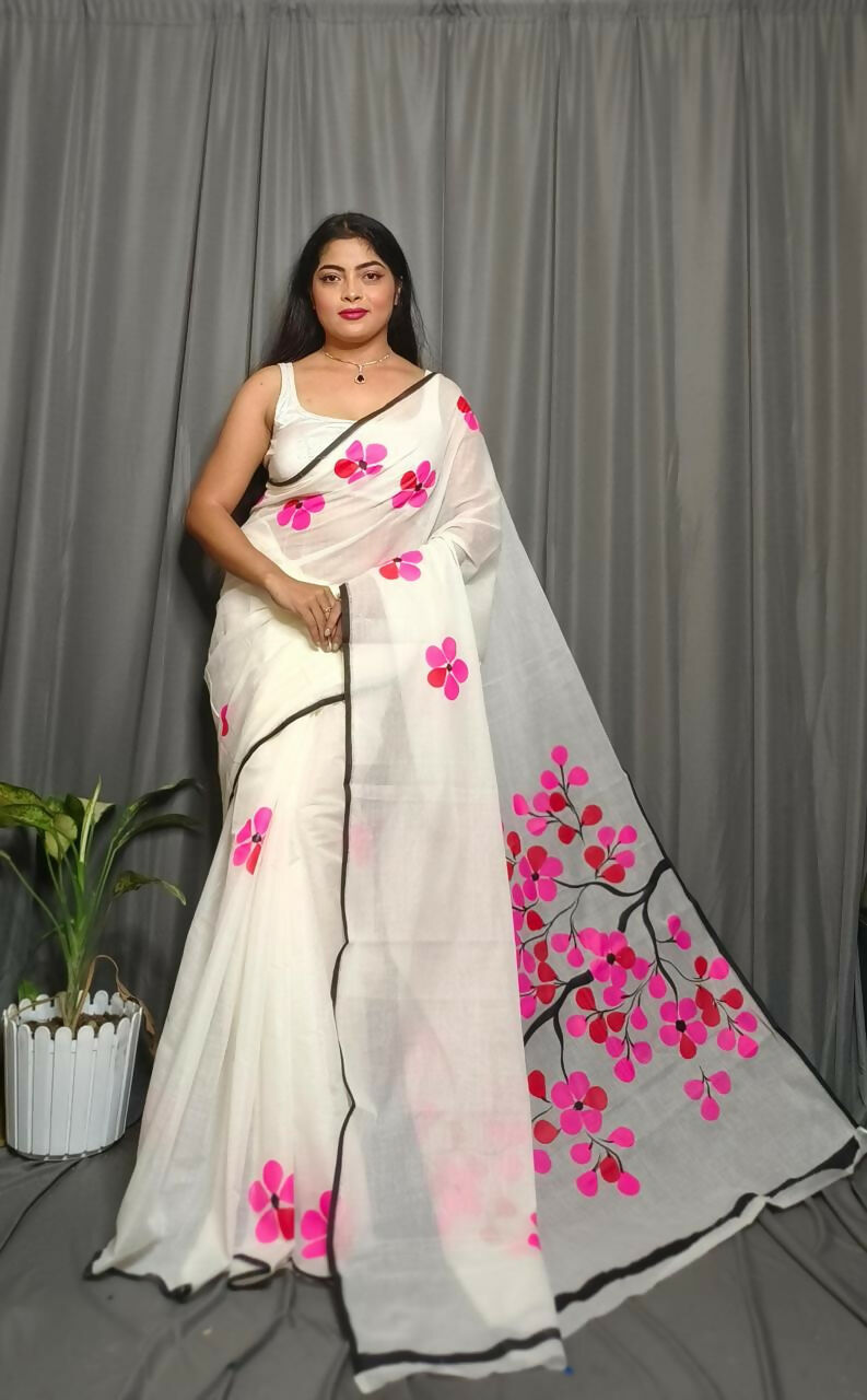 Exclusive Collection Beautiful White Pink Pure Cotton Hand Print Handloom Saree With Running Blouse Piece | Grocsy