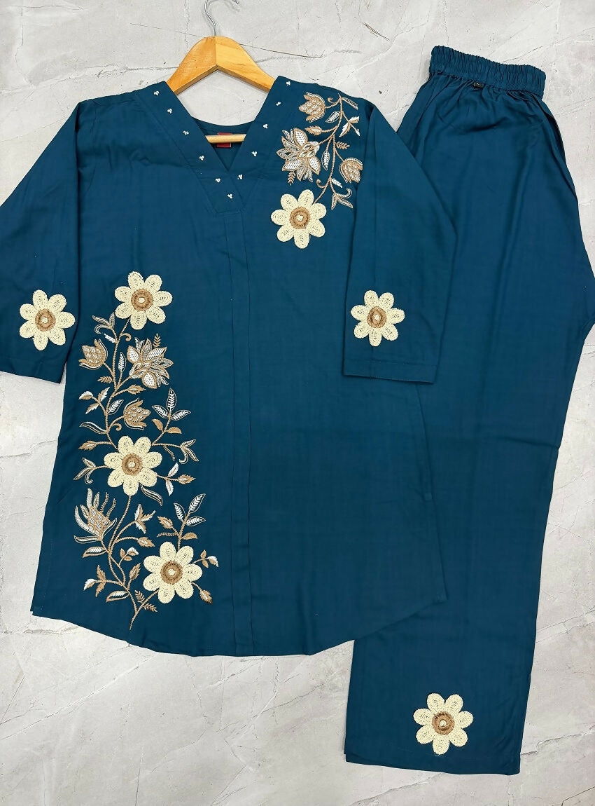 Teeya Creation Women Teal Blue Embroidered Tunic & Pant Co-Ord Set | Grocsy