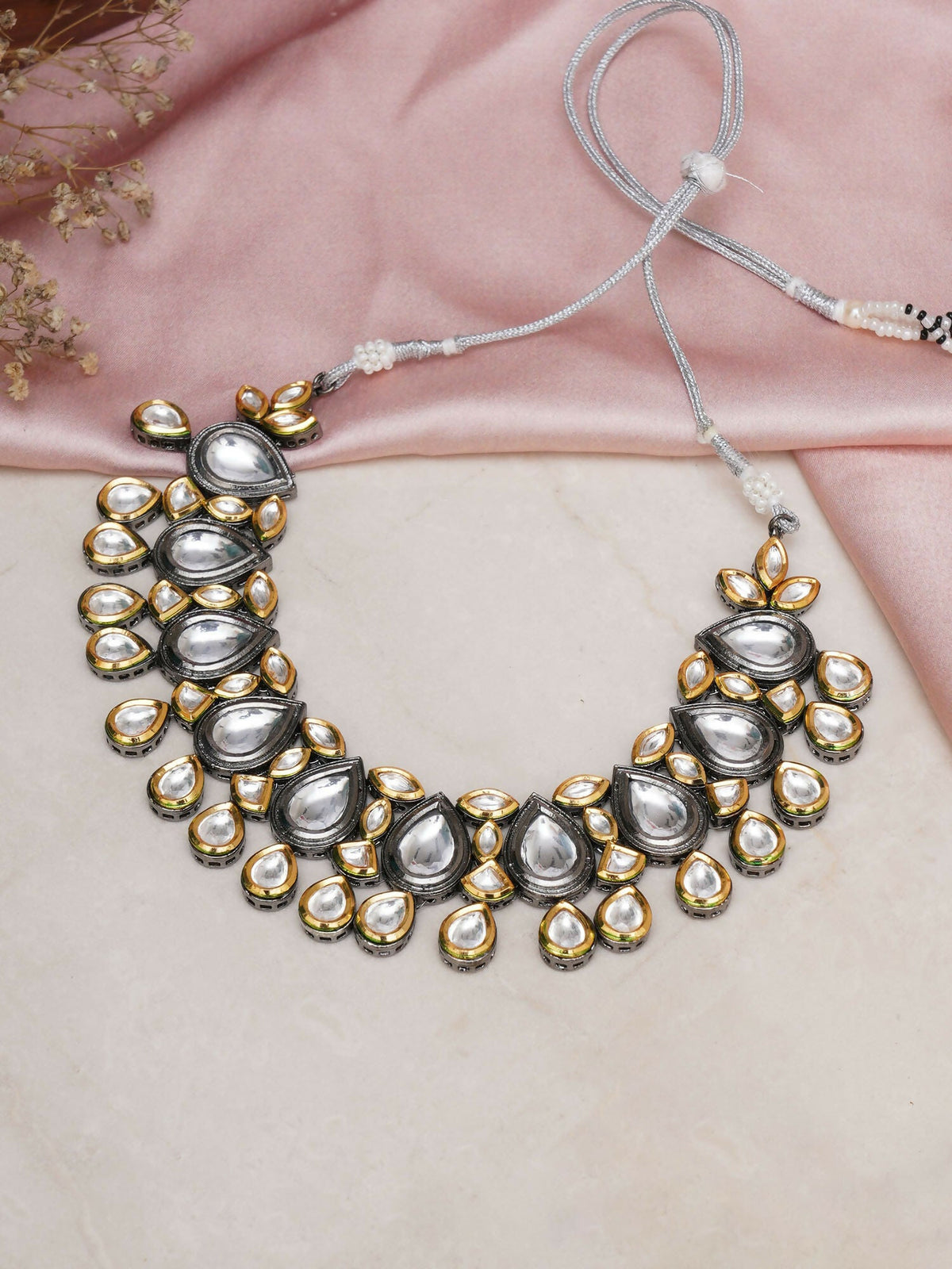 Dual Tone Kundan Neckpiece (silver) - Ruby Raang | Grocsy