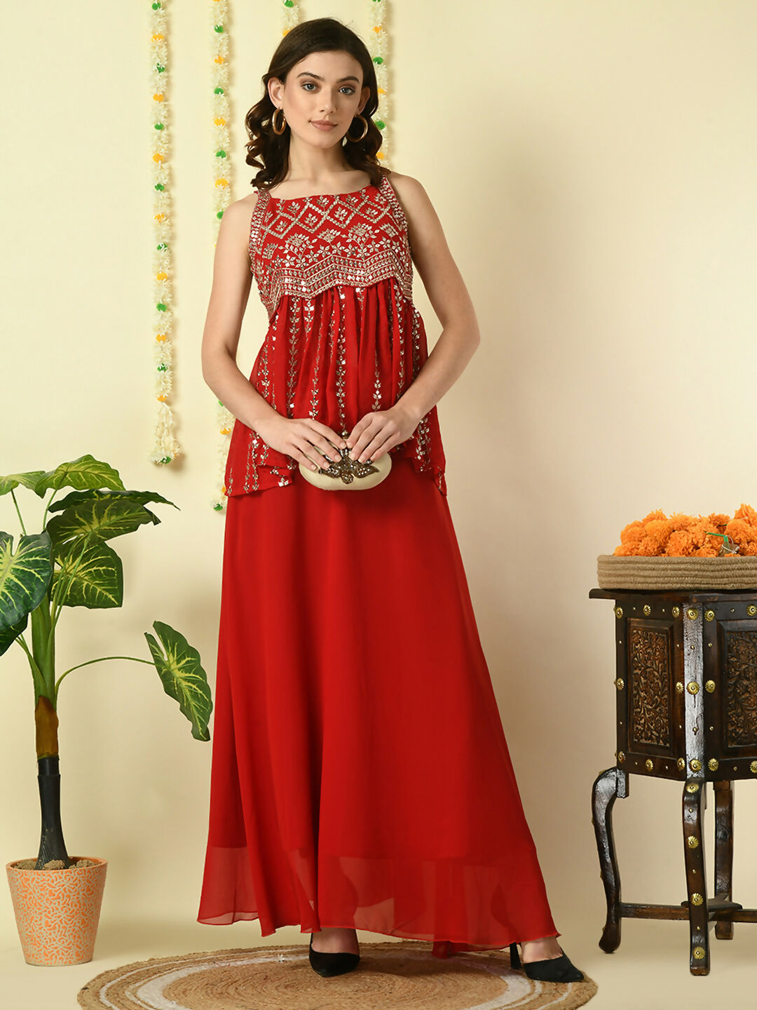 Myshka Women's Red Georgette Top With Skirt Party Sets | Grocsy