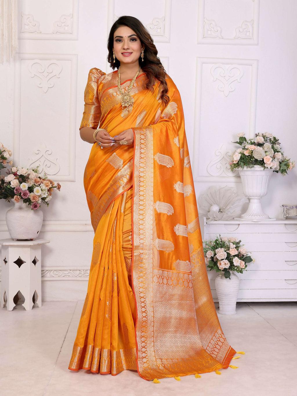 Aastha Fashion Yellow Soft Organza Silk Weaving Saree | Grocsy