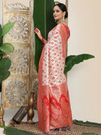 Shree Shyam Fashion Linen Cotton Red & White Saree | Grocsy