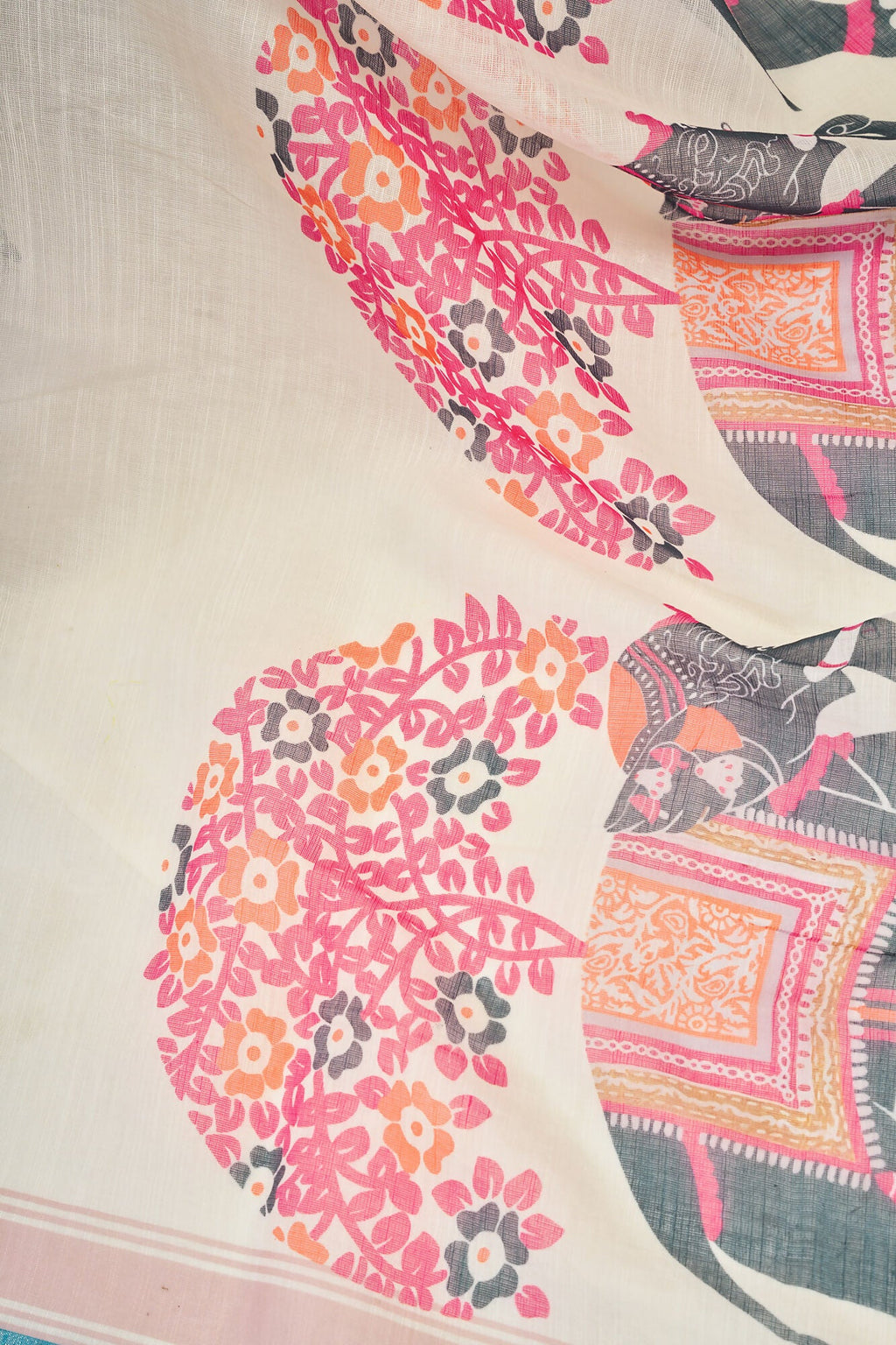 Vastranavya Cream Digital Printed Linen Ready To Wear Designer Saree with Unstitched Blouse | Grocsy