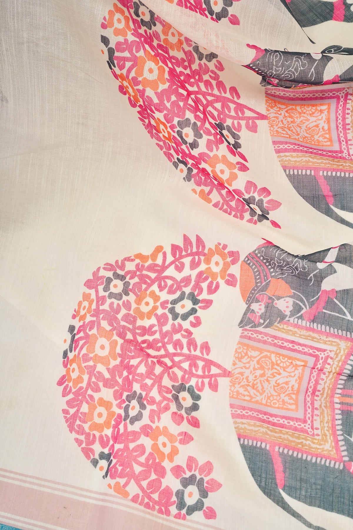 Vastranavya Cream Digital Printed Linen Ready To Wear Designer Saree with Unstitched Blouse | Grocsy