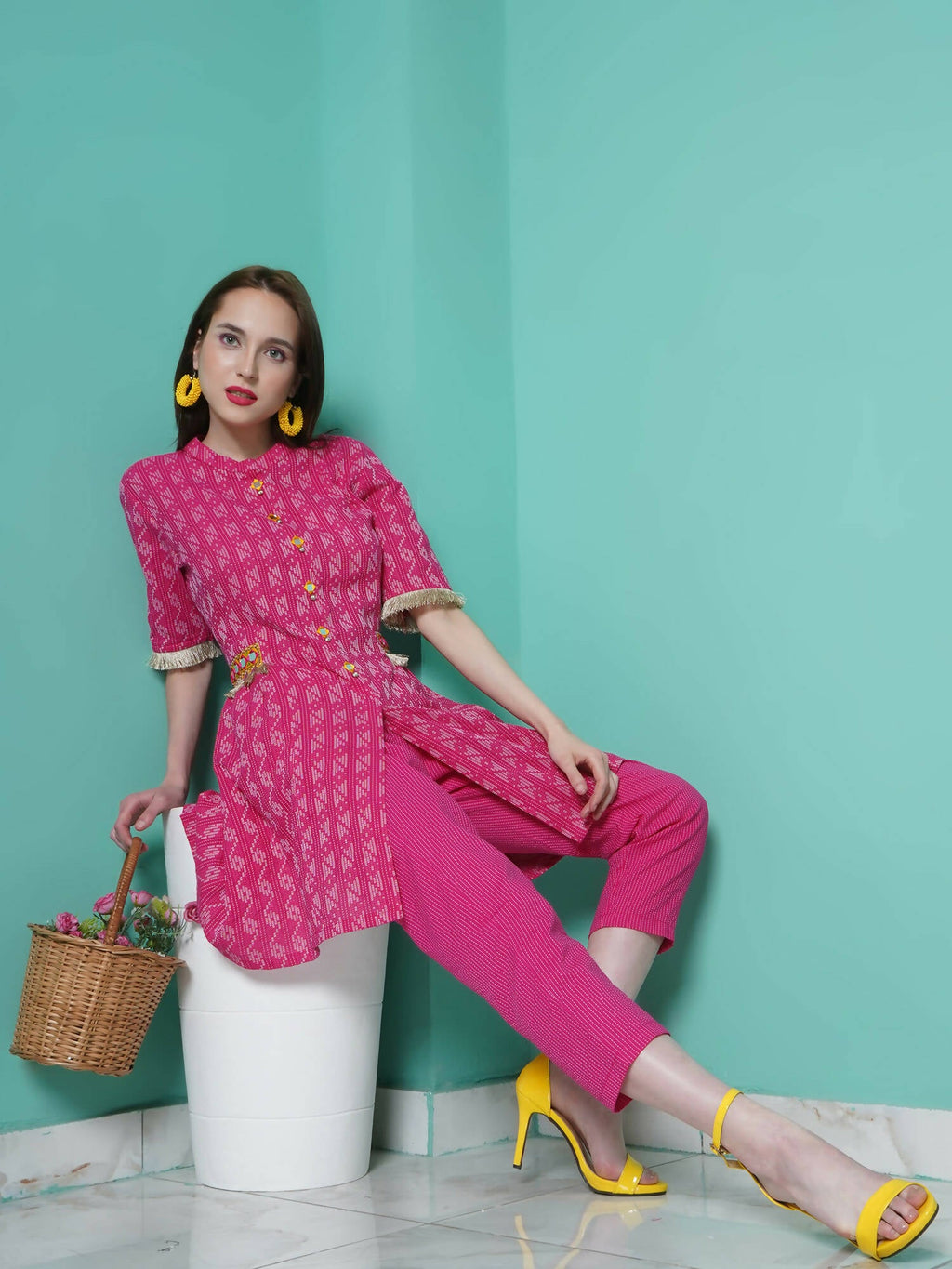 Women Republic Pink Cotton Kantha Kurta Set | Grocsy