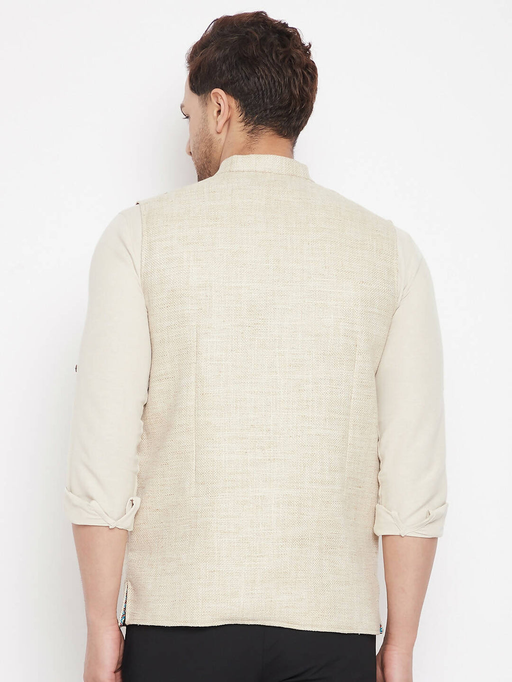 Even Apparels Beige Linen Men Woven Nehru Jacket | Grocsy