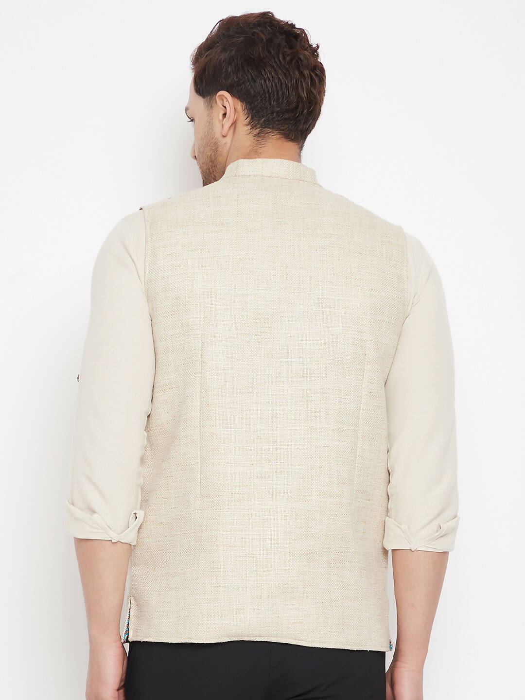 Even Apparels Beige Linen Men Woven Nehru Jacket | Grocsy