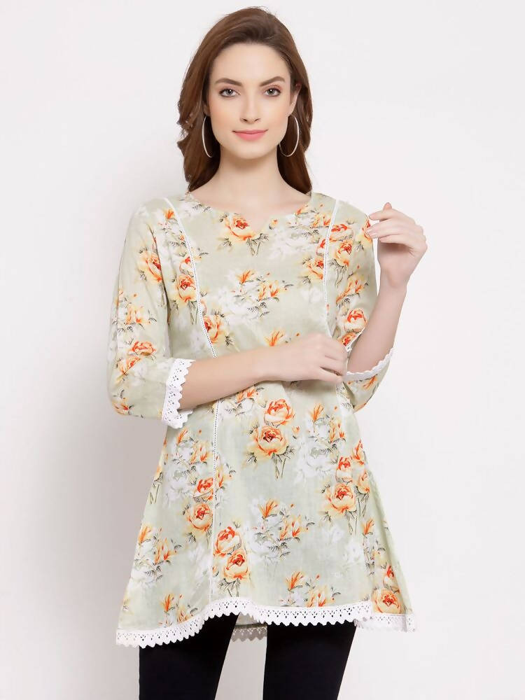 Myshka Women's Off White Cotton 3/4 Sleeve Round Neck Printed Casual Tunic | Grocsy
