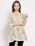 Myshka Women's Off White Cotton 3/4 Sleeve Round Neck Printed Casual Tunic | Grocsy