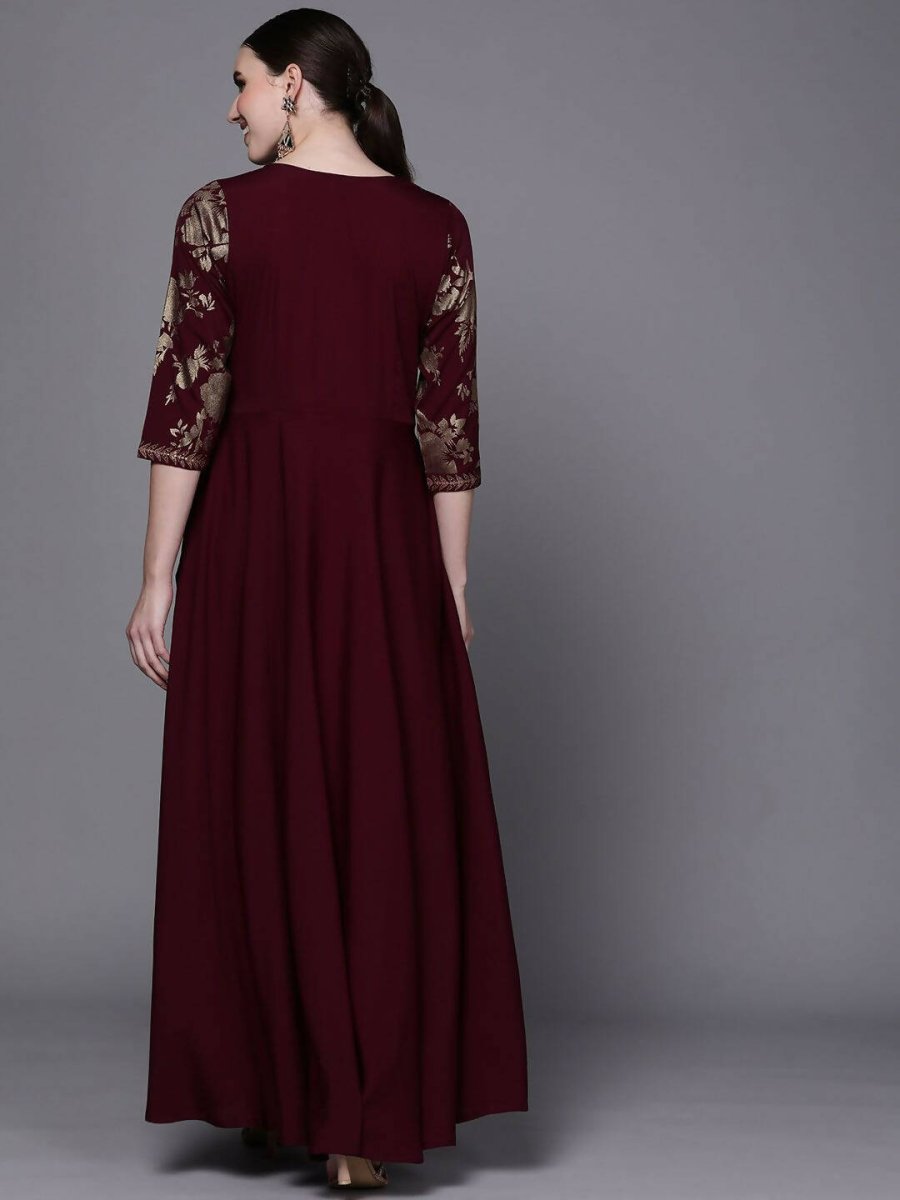 Ahalyaa Women Burgundy Floral Fit & Flare Maxi Ethnic Dress | Grocsy
