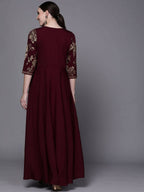 Ahalyaa Women Burgundy Floral Fit & Flare Maxi Ethnic Dress | Grocsy