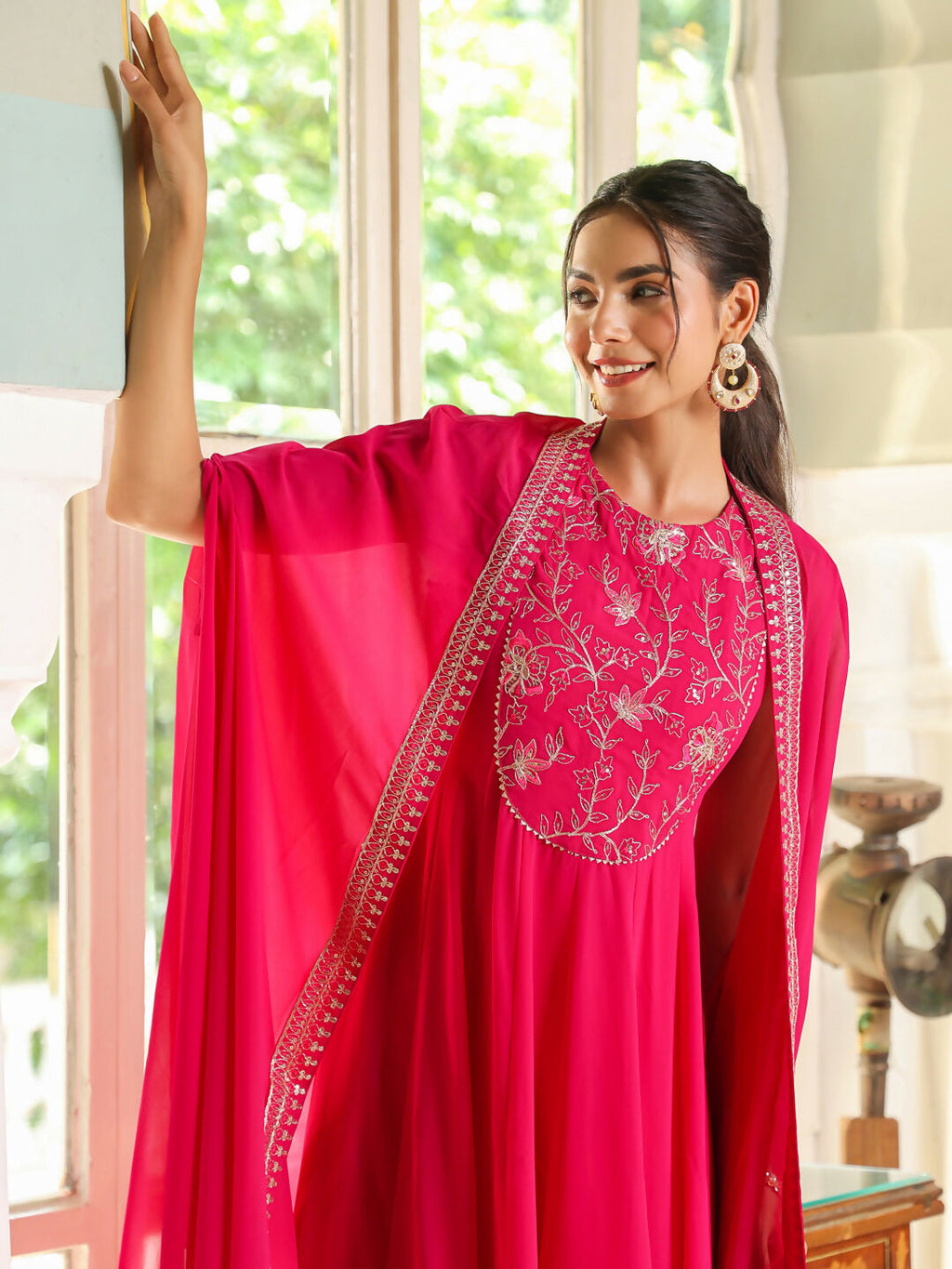 Janasya Pink Georgette Embroidered Dress & Cape | Grocsy